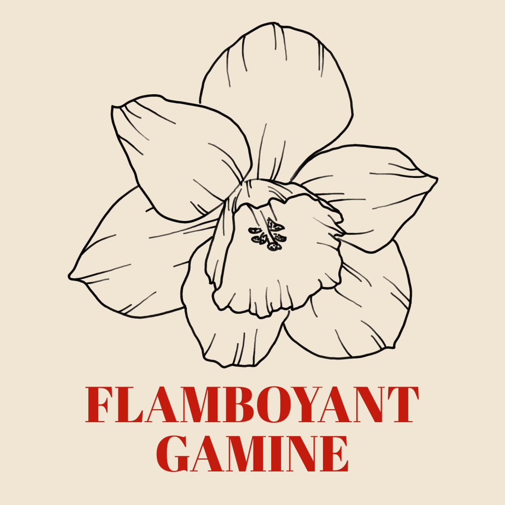 A line art drawing of a daffodil against a pale background with the words 'Flamboyant Gamine' written underneath it in red text.
