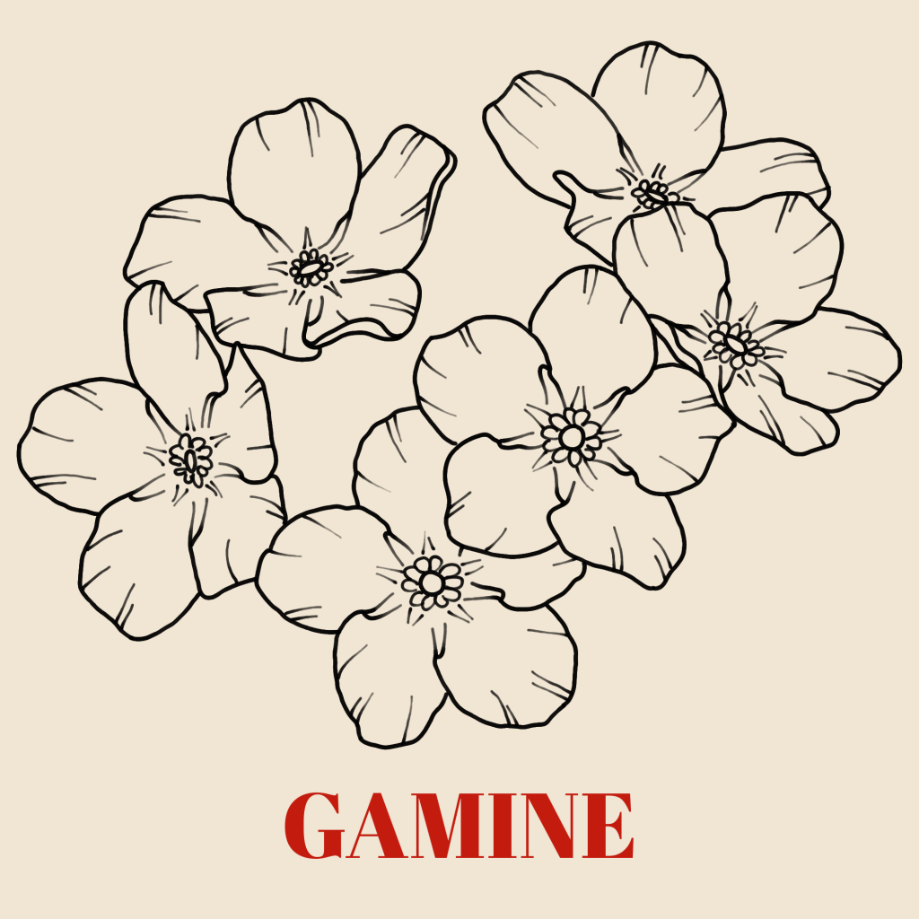 A line art drawing of forget-me-nots against a a pale background with the word 'Gamine' written underneath in red text.